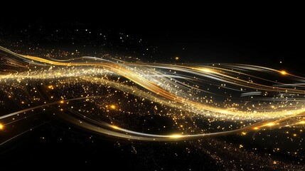 Fototapeta na wymiar shimmering gold light trails on black abstract sparkling background digital illustration