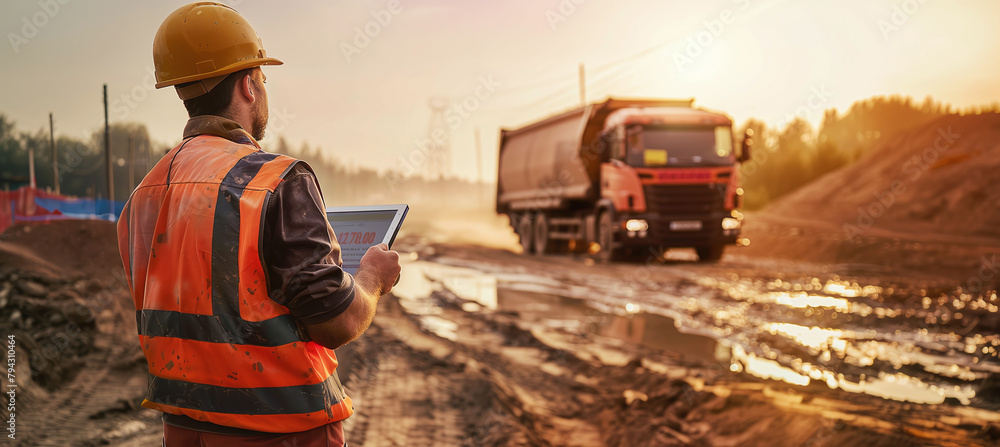 Poster a construction worker checks data on a tablet against the backdrop of a moving truck.
