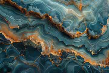 A stunning marble pattern with deep blue and gold hues, resembling the intricate patterns of agate stone. Created with Ai - obrazy, fototapety, plakaty
