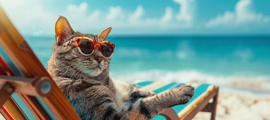 Cool cat in sunglasses resting in a sun lounger on the beach - obrazy, fototapety, plakaty