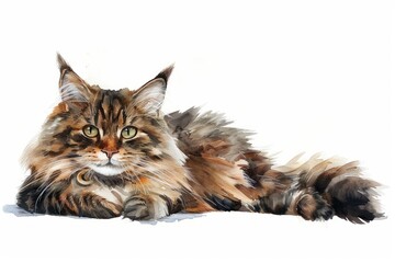 Cymric, or Longhaired Manx watercolor, isolated on white background.