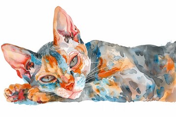 Devon Rex watercolor, isolated on white background.