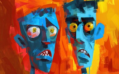 Obraz premium Two male faces with big eyes and open mouths. The faces are in a cartoonish drawn style. The scene is disturbing. OMG emotions. Illustration for cover, card, postcard, interior design, decor or print.
