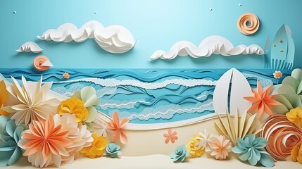 Abstract paper art of summer seascape with sea water splash and beach accessories on the beach.