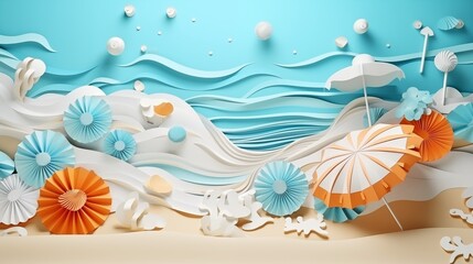 Abstract paper art of summer seascape with sea water splash and beach accessories on the beach.