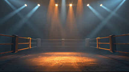 A boxing ring with a spotlight on the ring