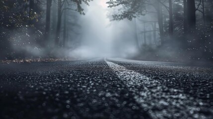 spooky forest with fog at moonlight abstract bokeh asphalt road digital art