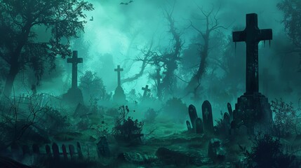 spooky halloween graveyard in misty forest at night horror concept art digital painting