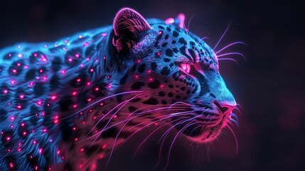   A blue leopard with red and pink lights illuminating its face against a black backdrop