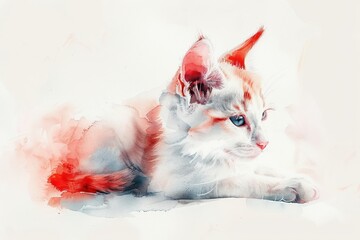Japanese Bobtail watercolor, isolated on white background.