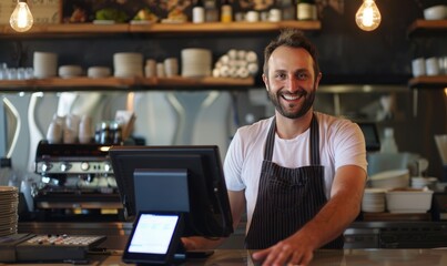 A happy restaurant businessman with the new modern POS system