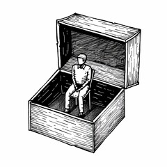 A man is sitting in a confined space looking down and feeling sad. Concept of feeling isolated, depressed and lonely. Imitation of a sketch print. Illustration for cover, card, poster, brochure, etc.