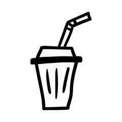 Coffee paper cup with straw vector icon in doodle style. Symbol in simple design. Cartoon object hand drawn isolated on white background.