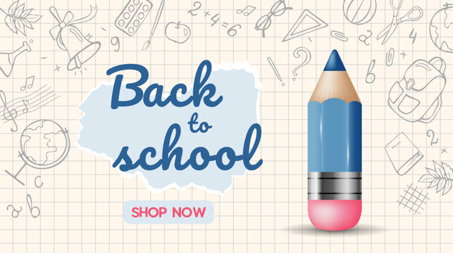 Blue pencil and school supplies on checkered paper background. Back to school, online school. Web banner, poster template for website, landing page and mobile app. Doodle style isolated vector illustr