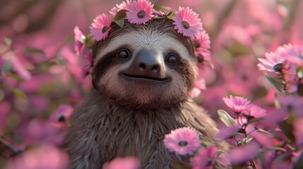 Obraz premium A sloth dons a flower crown, seated amidst a pink-purple flower field