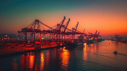 A large ship is docked at a port with a beautiful sunset in the background