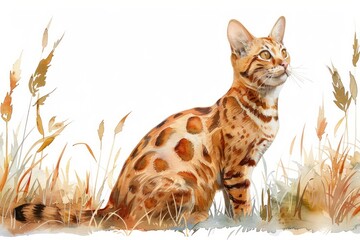 Ocicat watercolor, isolated on white background.