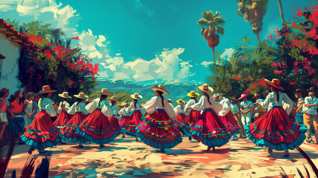 People participating in a traditional Mexican folk dance like Jarabe Tapat&iacute;o in Graphic illustration style