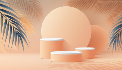 Luxury minimal block, circle, cylinder podium shadow leaves in peach fuzz pastel nature background
