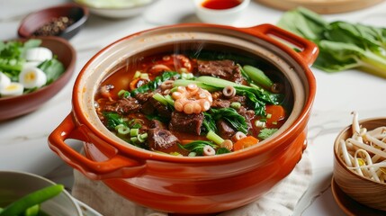 Beef soup with octopus, with green bok choy leaves, chopped Chongqing pepper and slices of fresh ginger. - obrazy, fototapety, plakaty