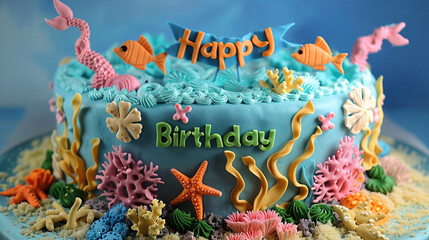 A whimsical underwater-themed birthday cake with fondant sea creatures and coral, accompanied by a playful "Happy Birthday" banner swaying in the imaginary currents. 32K.