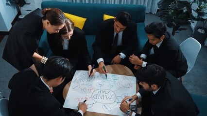 Top view of skilled diverse business people planning project by using mind map to brainstorm...