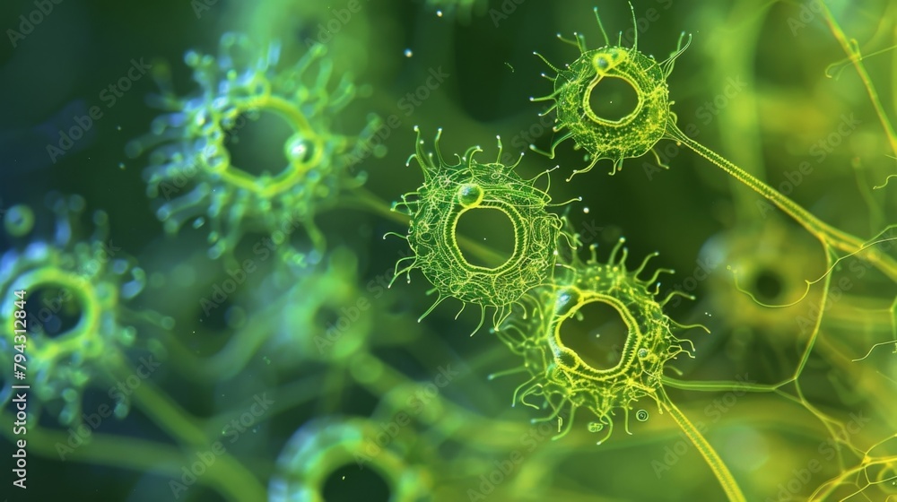 Poster a high magnification image of a of green algae cells with intricate cellular structures and swimming