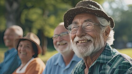 a happy team of people in their 70s, depicted in a random scene filled with laughter and warmth, celebrating the bonds of friendship and shared experiences.