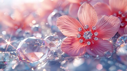   A pink flower sits atop a table, surrounded by crystal beads and a diamond brooch