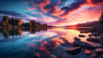 An image of a vibrant sunset over a serene lake, with colorful reflections shimmering on the water. - obrazy, fototapety, plakaty