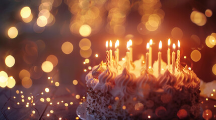 Charming scene capturing a birthday cake adorned with flickering candles, amidst a sea of soft bokeh lights, evoking warmth and happiness. 32K.