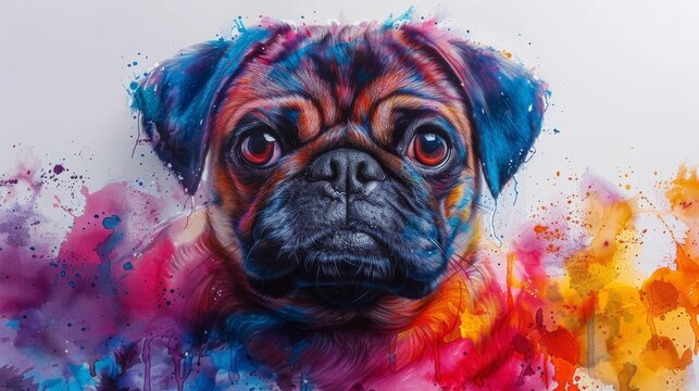 Wall sticker depicts the head of a pug breed dog on a white background with splashes of watercolor in an artistic, graphic, hand-drawn style.