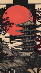 painting Japanese temple at the sunset, Ai generative.