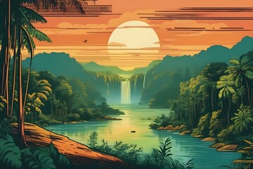 Capture the essence of Far North Queensland's lush rainforest with a vintage poster featuring a winding river and majestic waterfall.