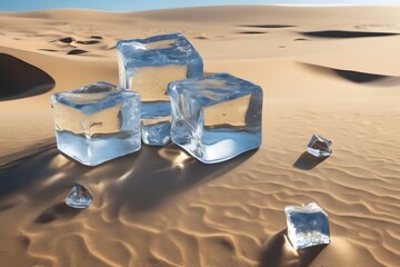 Marvel at the paradox as ice cubes defiantly melt in the scorching desert sands, a fleeting oasis amid relentless heat and aridity. - obrazy, fototapety, plakaty