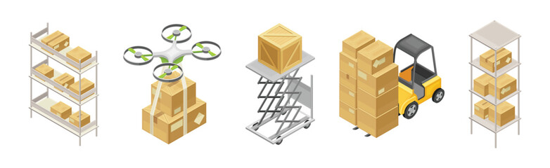 Warehouse and Storehouse with Cardboard Box Isometric Vector Set