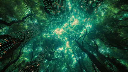 A forest with trees that are lit up in green