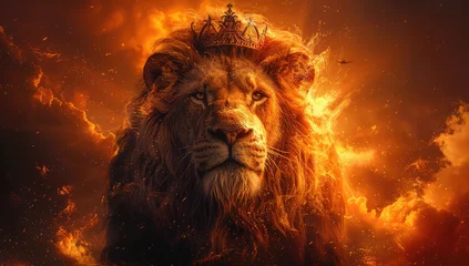 Foto op Aluminium A lion with crown on fire, in the background is fiery sky and orange color. Created with Ai © Design Dockyard