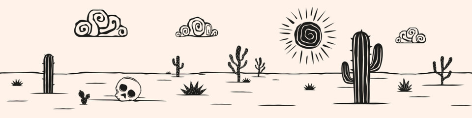 Desert landscape woodcut. Background with cactus cordel style.