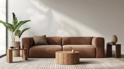 a serene living room adorned with a brown single sofa, wooden coffee table, and neutral carpet, complemented by Scandinavian-style home decor and lush greenery against a soothing grey background.