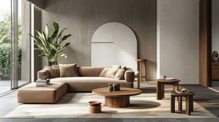 a serene living room adorned with a brown single sofa, wooden coffee table, and neutral carpet, complemented by Scandinavian-style home decor and lush greenery against a soothing grey background.
