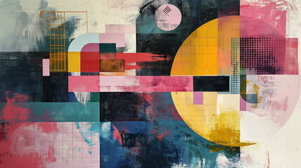 A painting of a colorful abstract design with a yellow circle in the middle