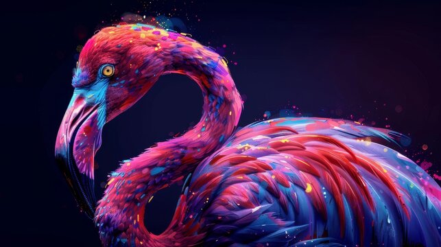 An abstract, artistic, colorful image of a flamingo on a dark purple background.