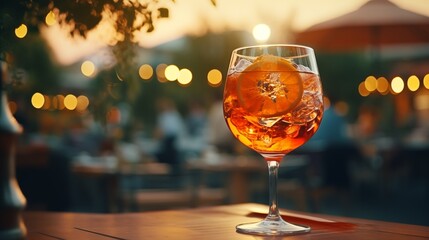 Aperol Spritz cocktail on restaurant table outside, summer night. - obrazy, fototapety, plakaty