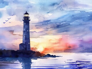Obraz premium A charming watercolor illustration of a lighthouse standing tall against a sky washed in light blues and purples, guiding ships home
