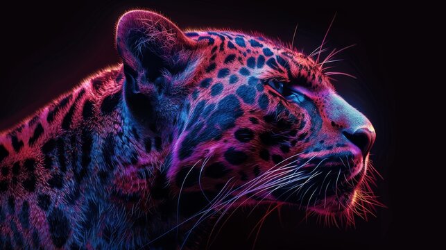 On a dark brown background, this neon portrait depicts the head of a panther in an abstract, multicolored manner.