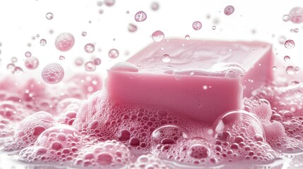 A bar of pink soap with bubbles and foam on a white background. Isolated pink bar of soap with soap bubbles that suggests a feeling of cleanliness.