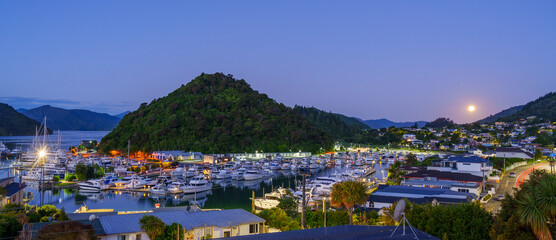 Panorama View of  Sea side town  with full moon