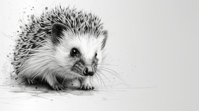 Hedgehog painting. A black-and-white drawing of a hedgehog against a white background.