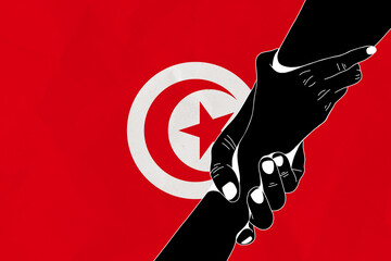 Helping hand against the Tunisia flag. The concept of support. Two hands taking each other. A helping hand for those injured in the fighting, lend a hand